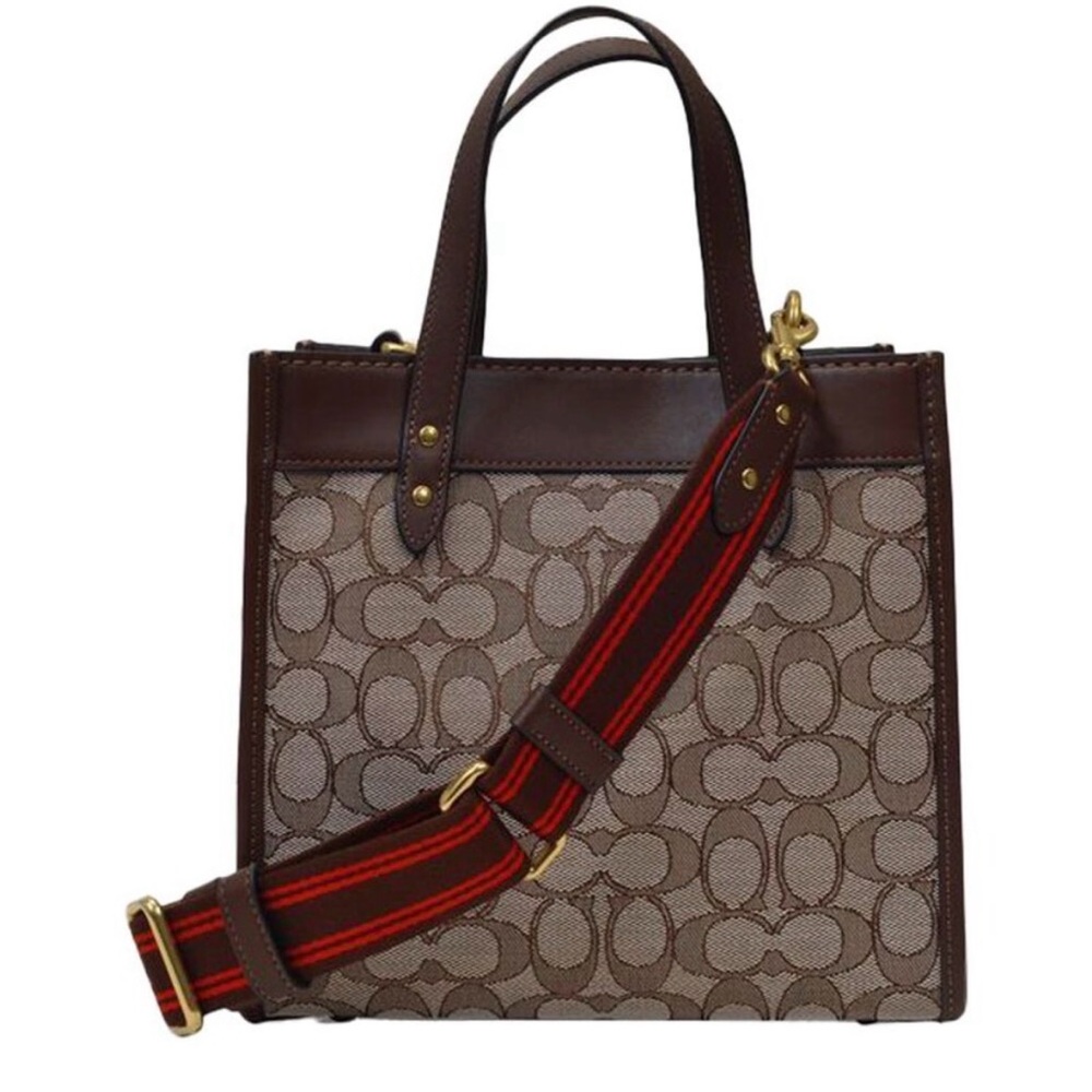 Coach Signature Canvas Tote with Brown Leather and Red-Striped Strap